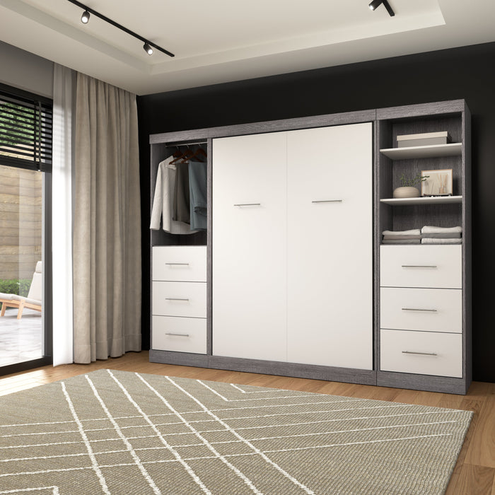 Modubox Nebula Full Murphy Bed and 2 Closet Organizers with Drawers (109W) in Bark Grey & White