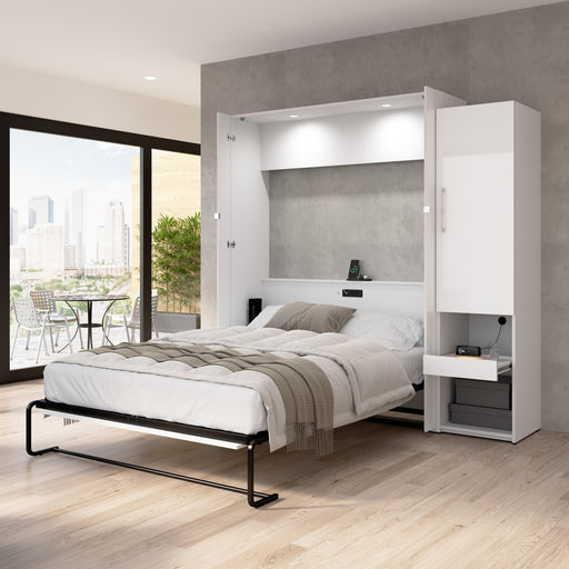 Modubox Avalon High Gloss Queen Murphy Bed and Storage Cabinet with Pull-Out Shelf (87W) in High Gloss White