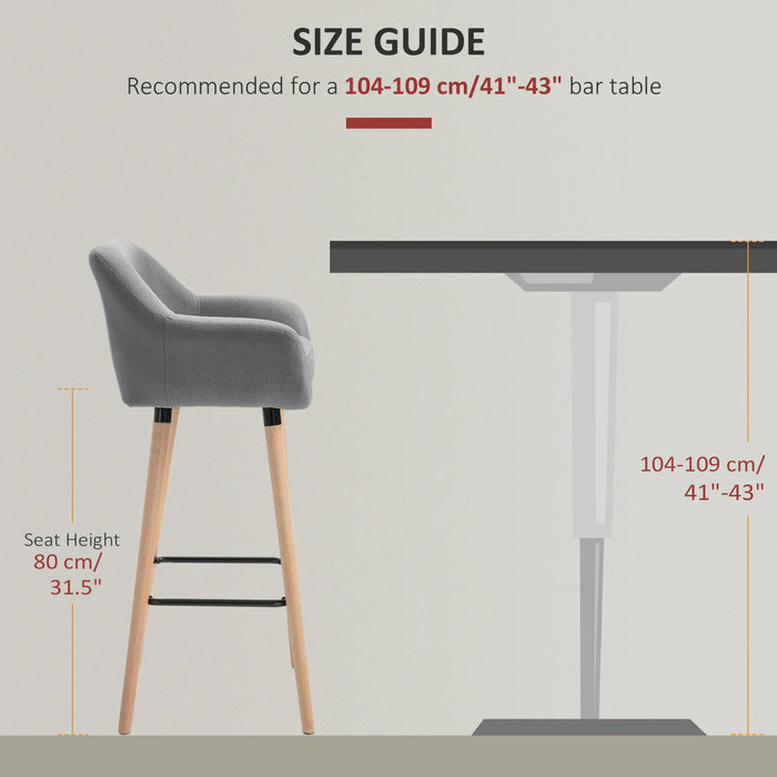 Aosom Homcom Modern Bar Stools Set of 2, 31.5" Barstools with Linen Fabric and Solid Wood Legs, Backrest and Footrest, Dining Room Kitchen Count in Grey