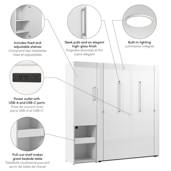 Modubox Avalon High Gloss Full Murphy Bed and Storage Cabinet with Pull-Out Shelf (81W) in High Gloss White