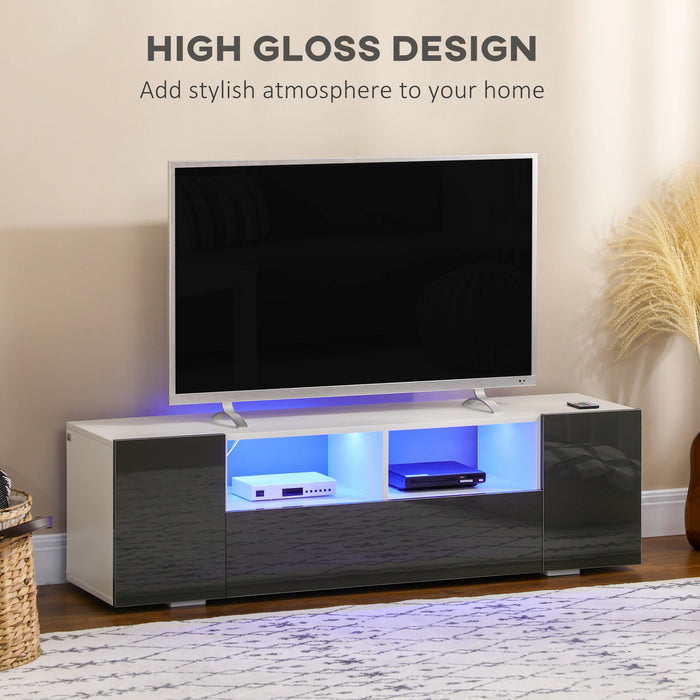 Aosom mcom Tv Stand For Tvs Up To 60", Tv Unit with Led Lights, Storage Shelves and Cupboards, 53.9" X 13.8" X 16.5", Whit in High Gloss Grey