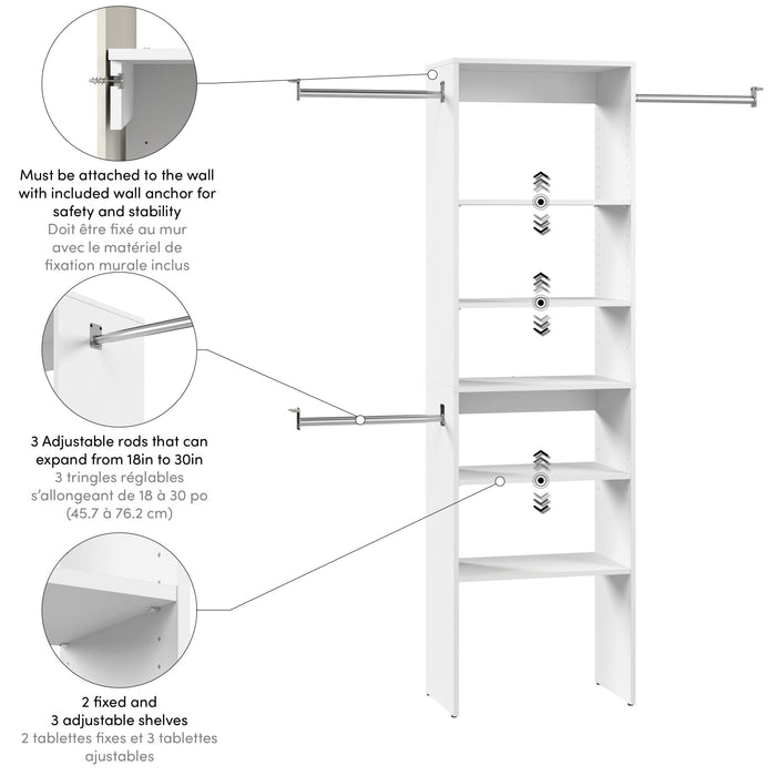 Modubox Carina Closet 24W 5 Shelf Closet Organizer with Clothing Rods in White