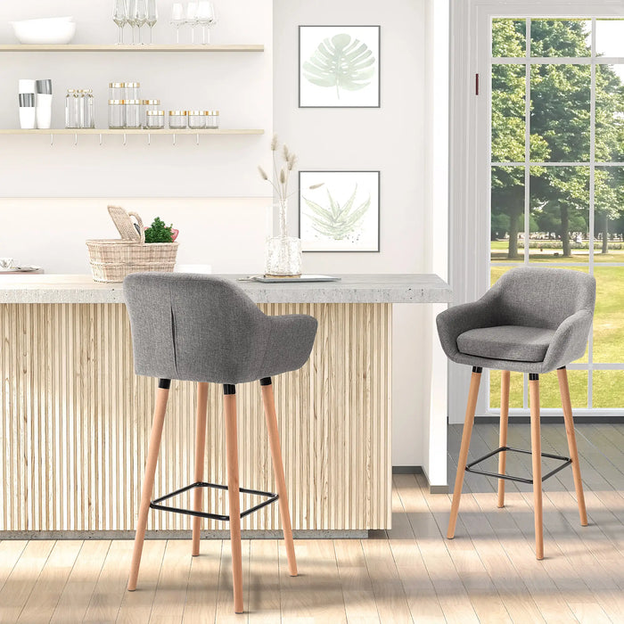 Aosom Homcom Modern Bar Stools Set of 2, 31.5" Barstools with Linen Fabric and Solid Wood Legs, Backrest and Footrest, Dining Room Kitchen Count in Grey