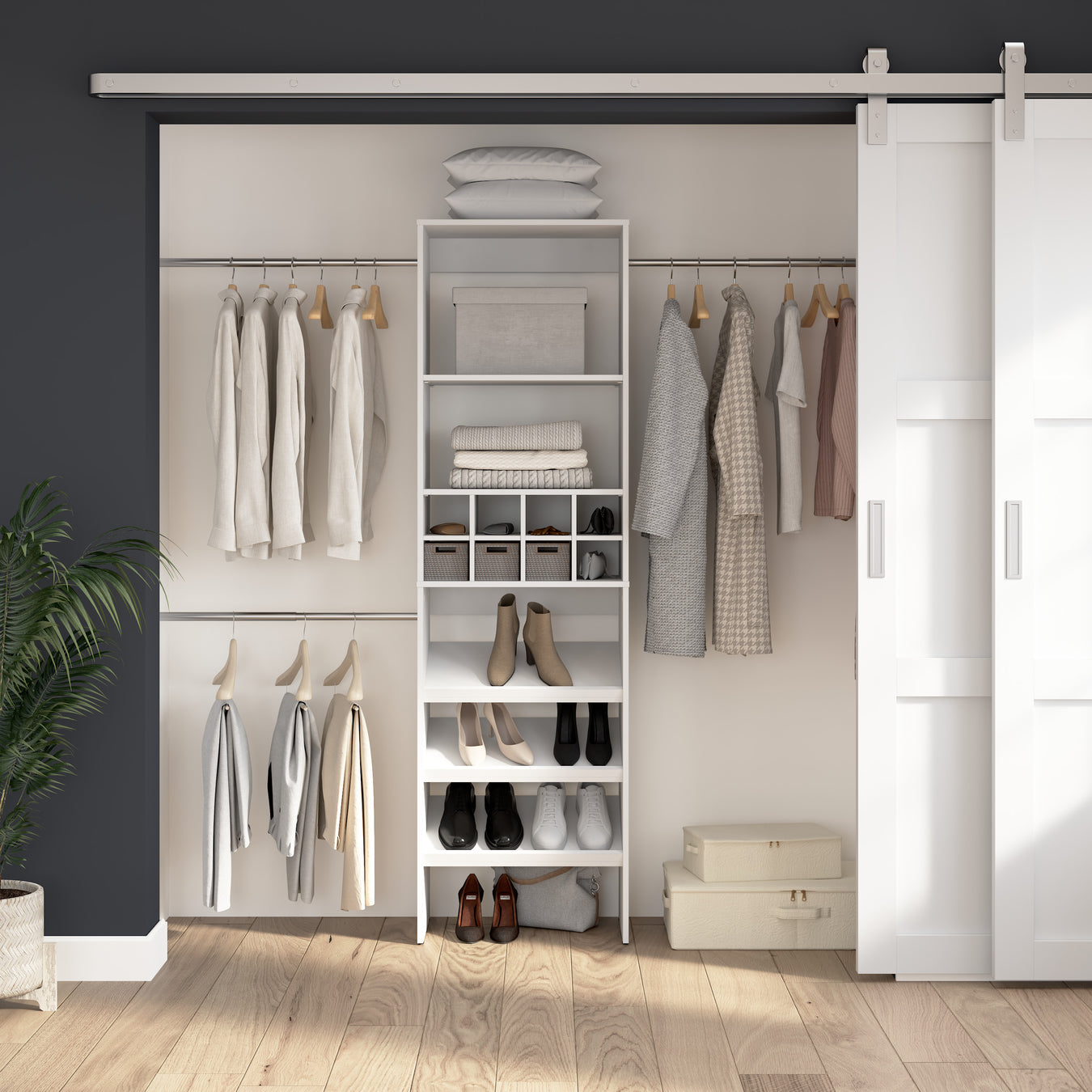 Modubox Carina Closet 24W Closet Organizer with Shoe Shelves in Clothing Rods and Cubbies in White