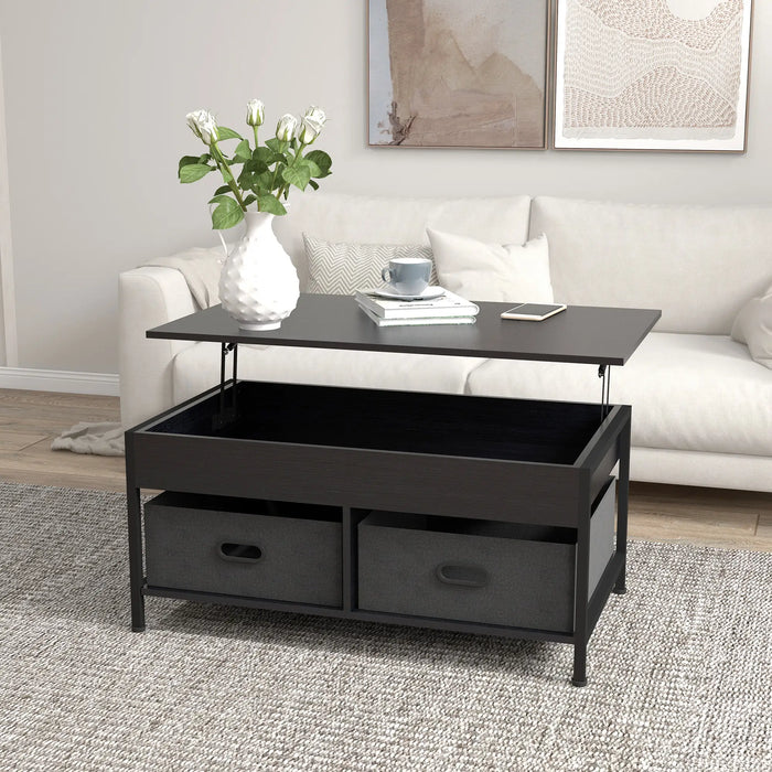 Aosom Homcom industrial Coffee Table, Lift Top Coffee Table with Storage, Live Edge Coffee Table with Open Shelves and Fabric Boxes