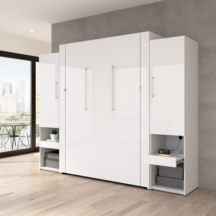 Modubox Avalon High Gloss Queen Murphy Bed and Storage Cabinets with Pull-Out Shelf (107W) in High Gloss White