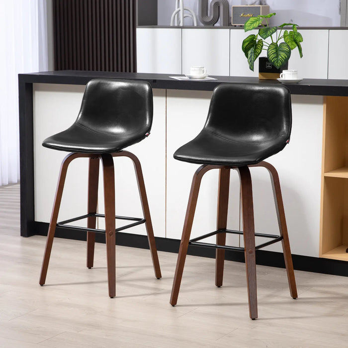 Aosom Homcom Bar Height Bar Stools Set of 2, Mid-Back Bar Chairs with Pu Leather Upholstery and Solid Wood Legs For Kitchen in Black