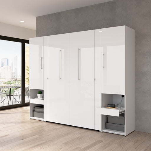 Modubox Avalon High Gloss Full Murphy Bed and Storage Cabinets with Pull-Out Shelf (101W) in High Gloss White