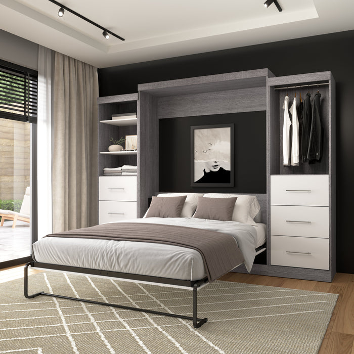 Modubox Nebula Queen Murphy Bed and 2 Closet Organizers with Drawers (115W) in Bark Grey & White