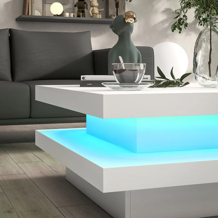 Aosom Homcom Square Coffee Table with 7 Led Lights and Remote in 2-Tier Modern Centre Table For Living Room in White