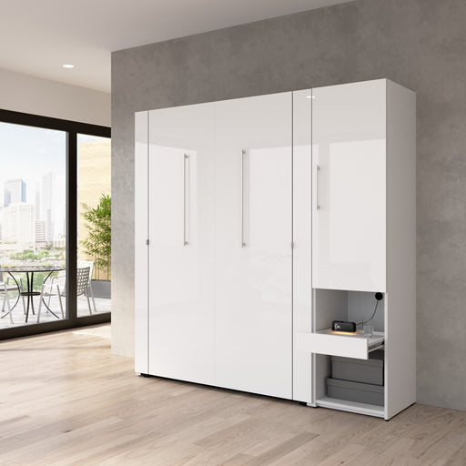 Modubox Avalon High Gloss Full Murphy Bed and Storage Cabinet with Pull-Out Shelf (81W) in High Gloss White