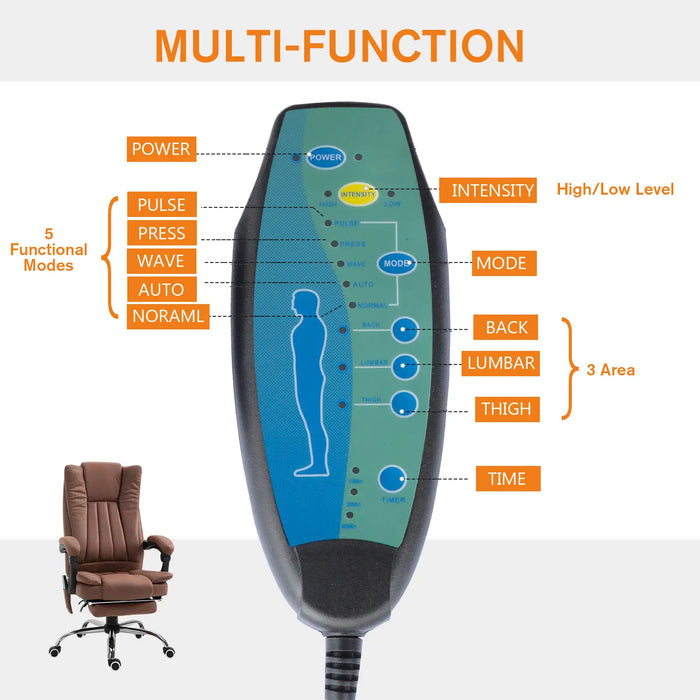Aosom Vinsetto office Chair 6-Point Vibration Massage Chair Micro Fibre Recliner with Retractable Footrest in Brown