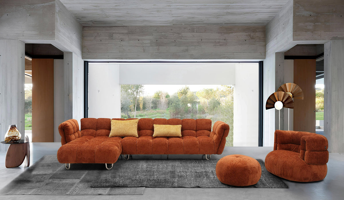 VIG Furnitur Divani Casa Jacinda - Modern Burnt Fabric Left Facing Sectional Sofa + 2 Yellow Pillows in Orange