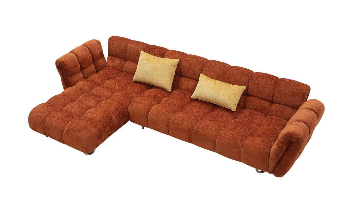 VIG Furnitur Divani Casa Jacinda - Modern Burnt Fabric Left Facing Sectional Sofa + 2 Yellow Pillows in Orange