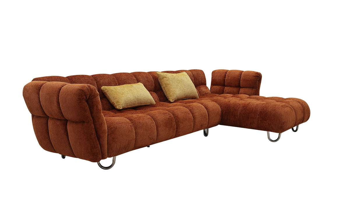 VIG Furnitur Divani Casa Jacinda - Modern Burnt Fabric Left Facing Sectional Sofa + 2 Yellow Pillows in Orange