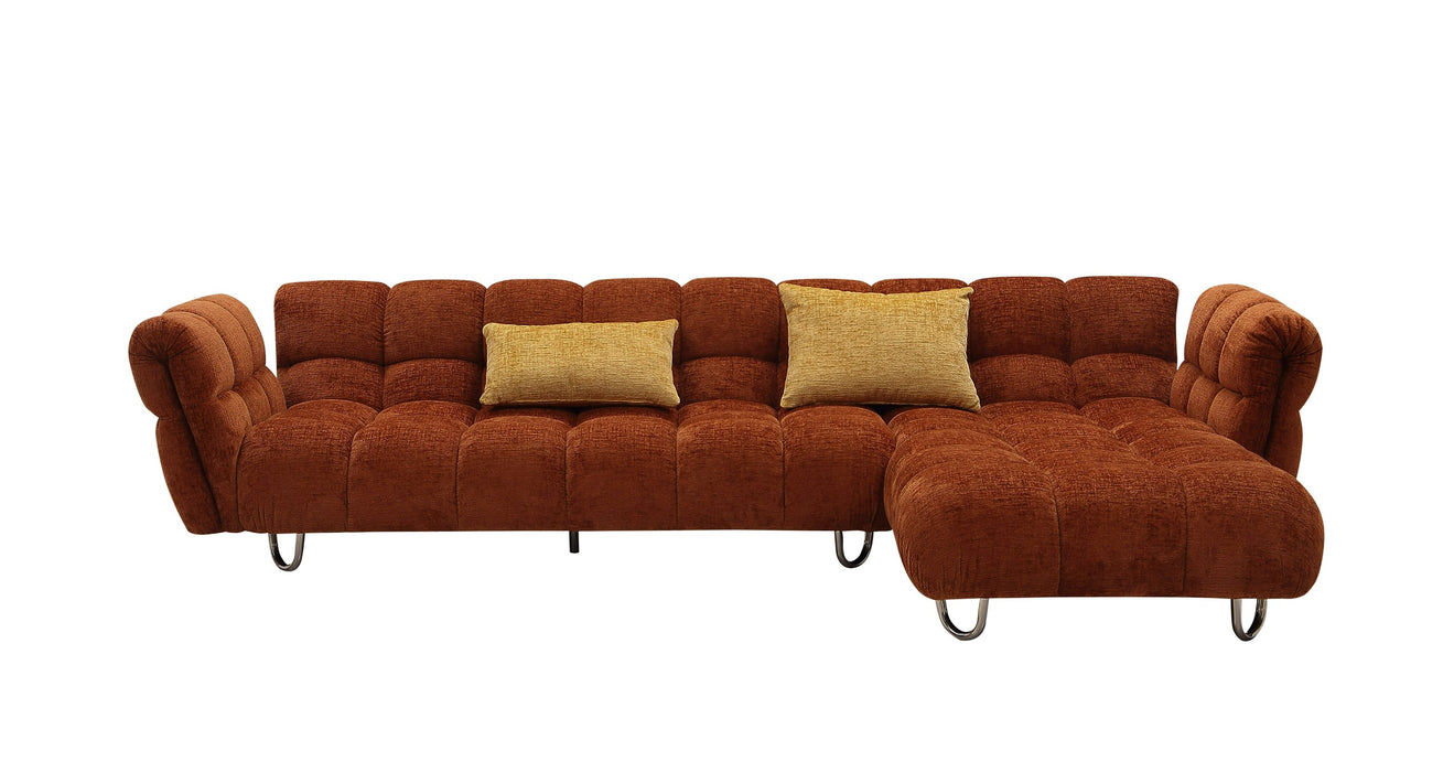 VIG Furnitur Divani Casa Jacinda - Modern Burnt Fabric Left Facing Sectional Sofa + 2 Yellow Pillows in Orange