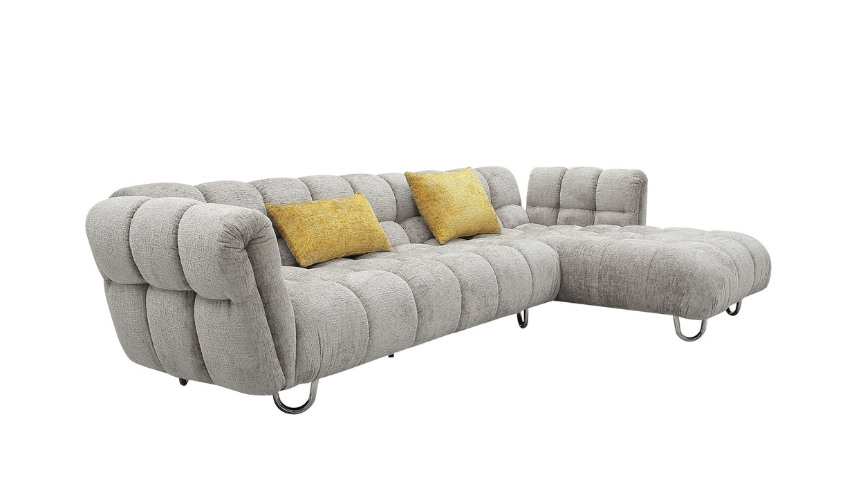 VIG Furnitur Divani Casa Jacinda - Modern Burnt Fabric Left Facing Sectional Sofa + 2 Yellow Pillows in Light Grey