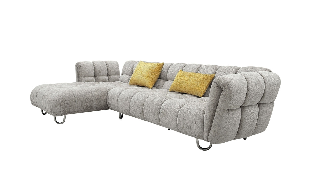 VIG Furnitur Divani Casa Jacinda - Modern Burnt Fabric Left Facing Sectional Sofa + 2 Yellow Pillows in Light Grey