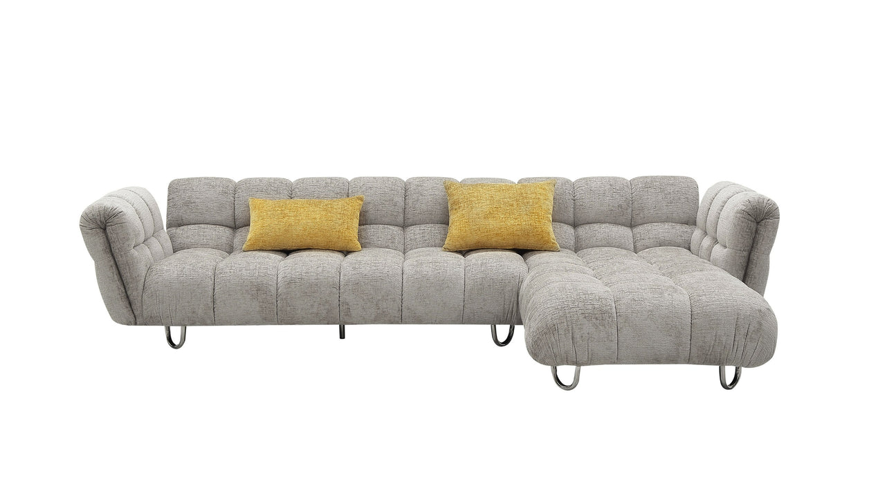 VIG Furnitur Divani Casa Jacinda - Modern Burnt Fabric Left Facing Sectional Sofa + 2 Yellow Pillows in Light Grey