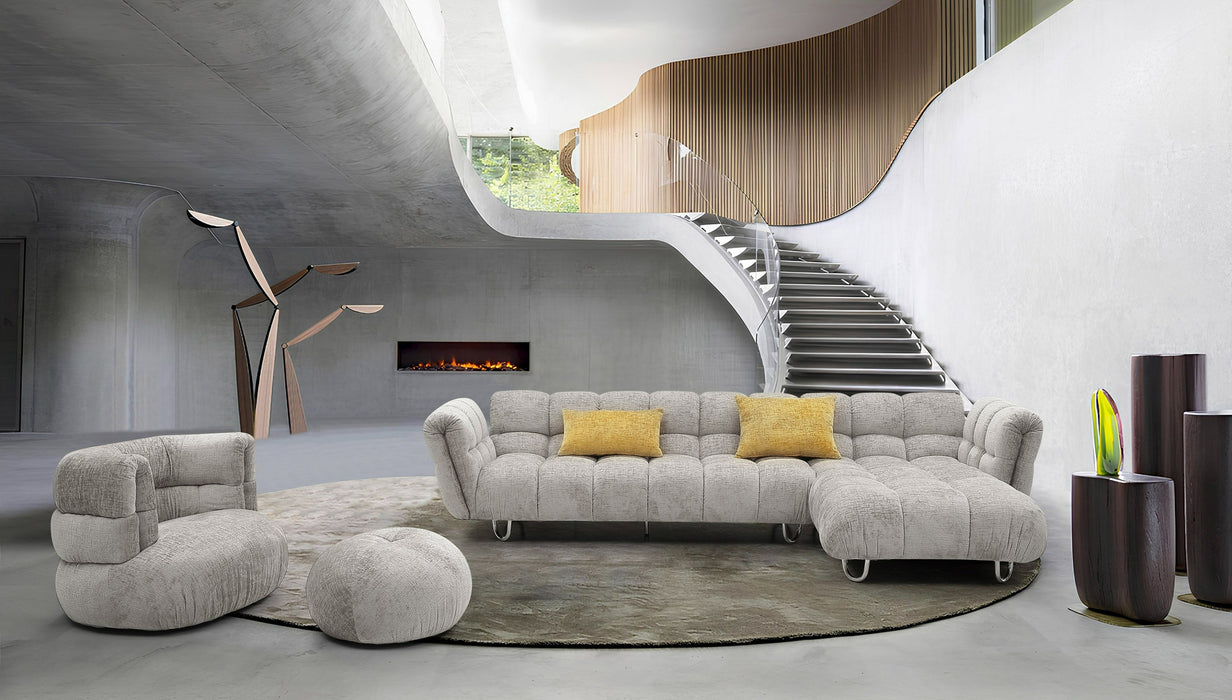 VIG Furnitur Divani Casa Jacinda - Modern Burnt Fabric Left Facing Sectional Sofa + 2 Yellow Pillows in Light Grey