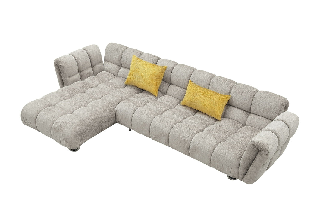 VIG Furnitur Divani Casa Jacinda - Modern Burnt Fabric Left Facing Sectional Sofa + 2 Yellow Pillows in Light Grey