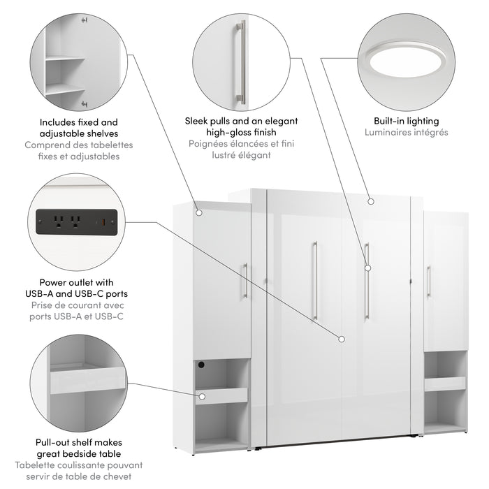 Modubox Avalon High Gloss Queen Murphy Bed and Storage Cabinets with Pull-Out Shelf (107W) in High Gloss White