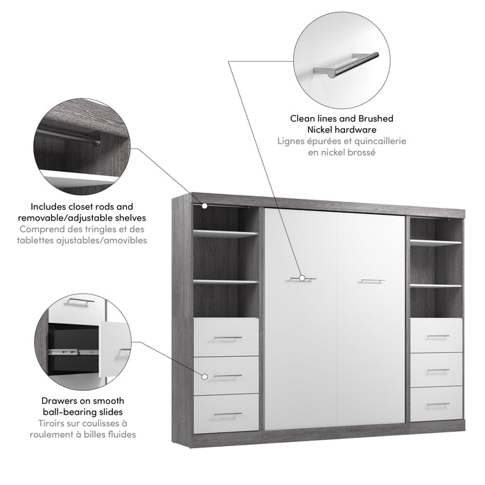 Modubox Nebula Full Murphy Bed and 2 Closet Organizers with Drawers (109W) in Bark Grey & White