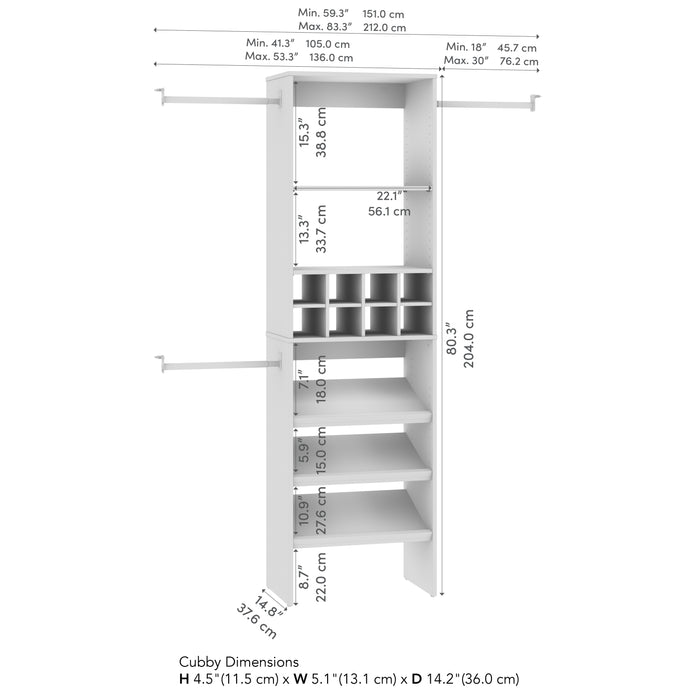 Modubox Carina Closet 24W Closet Organizer with Shoe Shelves in Clothing Rods and Cubbies in White