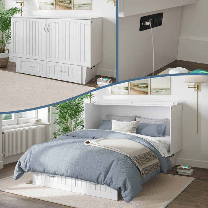 AFI Furnishings Afi Nantucket Murphy Bed Chest with 6" Matteress, Storage Drawer & Built-in Charger Queen siz in White