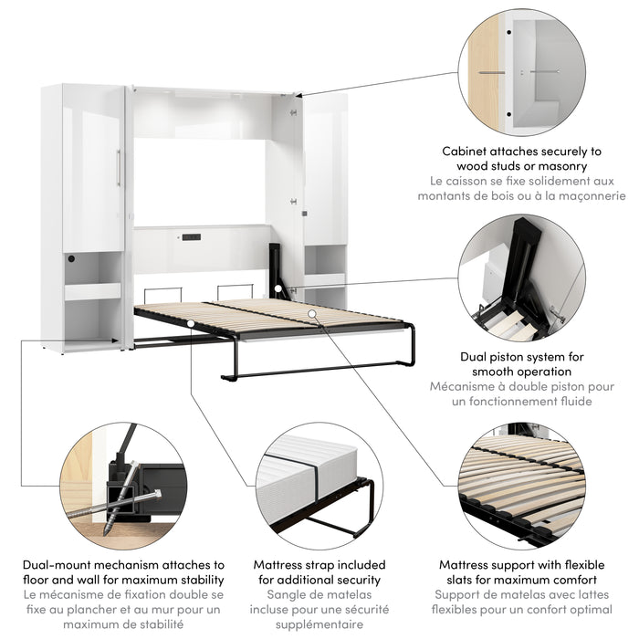 Modubox Avalon High Gloss Full Murphy Bed and Storage Cabinets with Pull-Out Shelf (101W) in High Gloss White