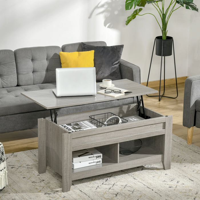 Aosom Homcom Lift Top Coffee Table with Hidden Storage Compartment and Open Shelves, Lift Tabletop Pop-Up Centre Table For Living Room,  Effec in Light Grey