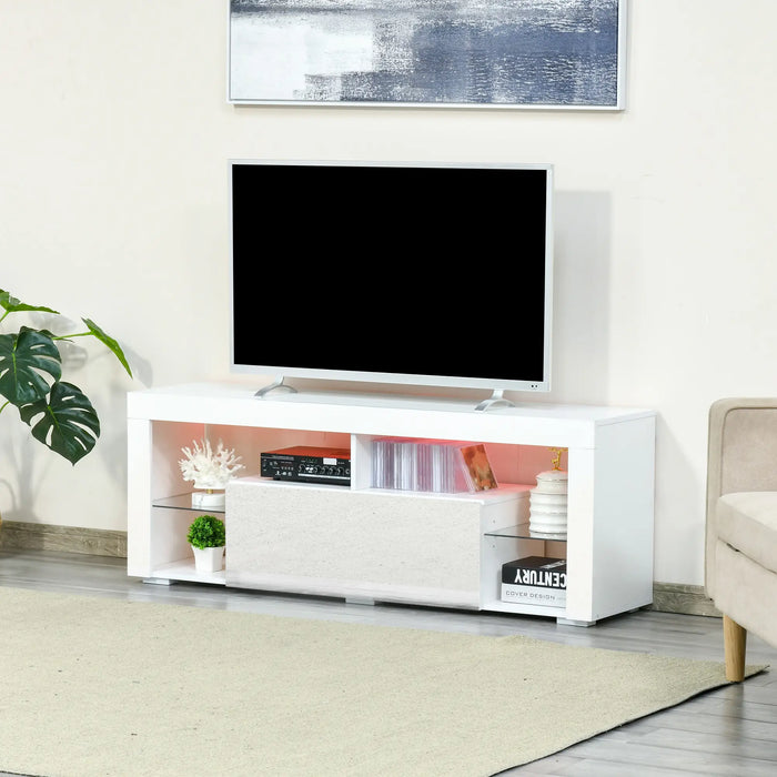 Aosom Homcom Tv Stand For Tvs Up To 60", Tv Unit with Led Lights, Storage Shelves and Cupboards, 53.9" X 13.8" X 16.5",  in White