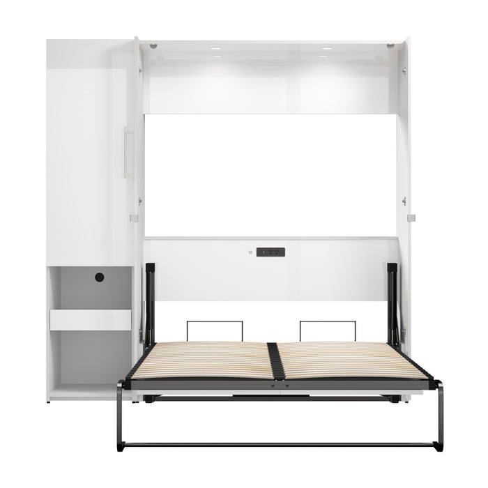 Modubox Avalon High Gloss Full Murphy Bed and Storage Cabinet with Pull-Out Shelf (81W) in High Gloss White