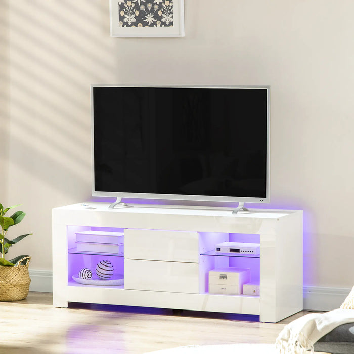 Aosom mcom Tv Stand For Tvs Up To 60", Tv Unit with Led Lights, Storage Shelves and Cupboards, 53.9" X 13.8" X 16.5", in High Gloss White