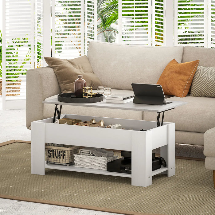 Aosom Homcom Lift Top Coffee Table with Hidden Storage Compartment and Open Shelf, Centre Table For Living Room in White