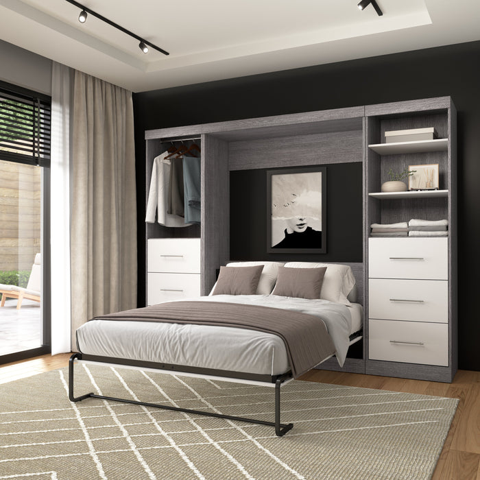 Modubox Nebula Full Murphy Bed and 2 Closet Organizers with Drawers (109W) in Bark Grey & White