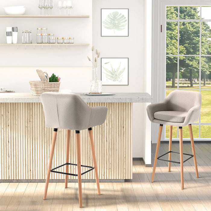 Aosom Homcom Modern Bar Stools Set of 2, 31.5" Barstools with Linen Fabric and Solid Wood Legs, Backrest and Footrest, Dining Room Kitchen Counter in Beige