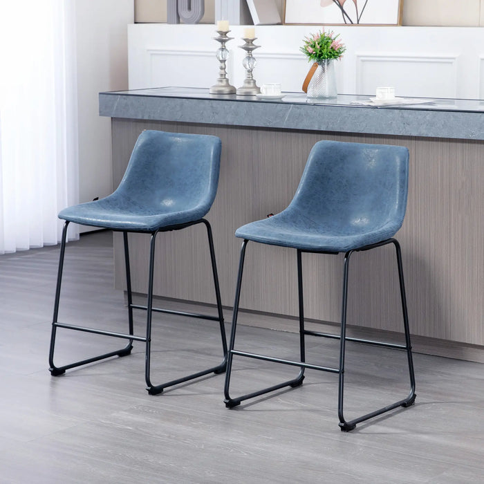 Aosom Homcom Counter Height Bar Stools Set of 2, Vintage Pu Leather Bar Chairs, Kitchen Stools W/ Footrest For Home Bar, in Dark Blue