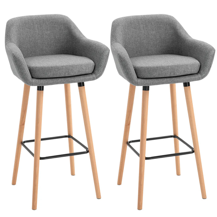 Aosom Homcom Modern Bar Stools Set of 2, 31.5" Barstools with Linen Fabric and Solid Wood Legs, Backrest and Footrest, Dining Room Kitchen Count in Grey