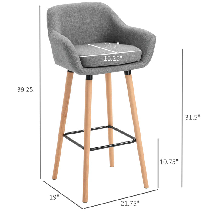 Aosom Homcom Modern Bar Stools Set of 2, 31.5" Barstools with Linen Fabric and Solid Wood Legs, Backrest and Footrest, Dining Room Kitchen Count in Grey