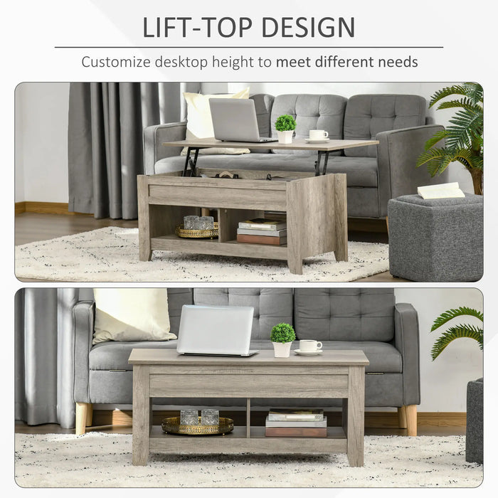 Aosom Homcom Lift Top Coffee Table with Hidden Storage Compartment and Open Shelves, Lift Tabletop Pop-Up Centre Table For Living Room,  Effect in Oak