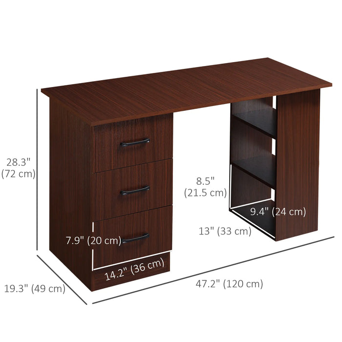 Aosom Homcom Computer Writing Desk Study Table Student Workstation W/ 3 Shelf & 3 Storage Drawers Home office Furniture in Walnut