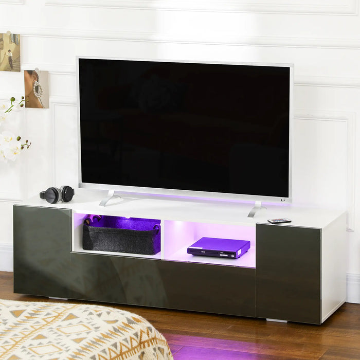 Aosom mcom Tv Stand For Tvs Up To 60", Tv Unit with Led Lights, Storage Shelves and Cupboards, 53.9" X 13.8" X 16.5", Whit in High Gloss Grey