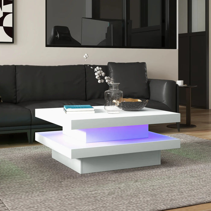 Aosom Homcom Square Coffee Table with 7 Led Lights and Remote in 2-Tier Modern Centre Table For Living Room in White