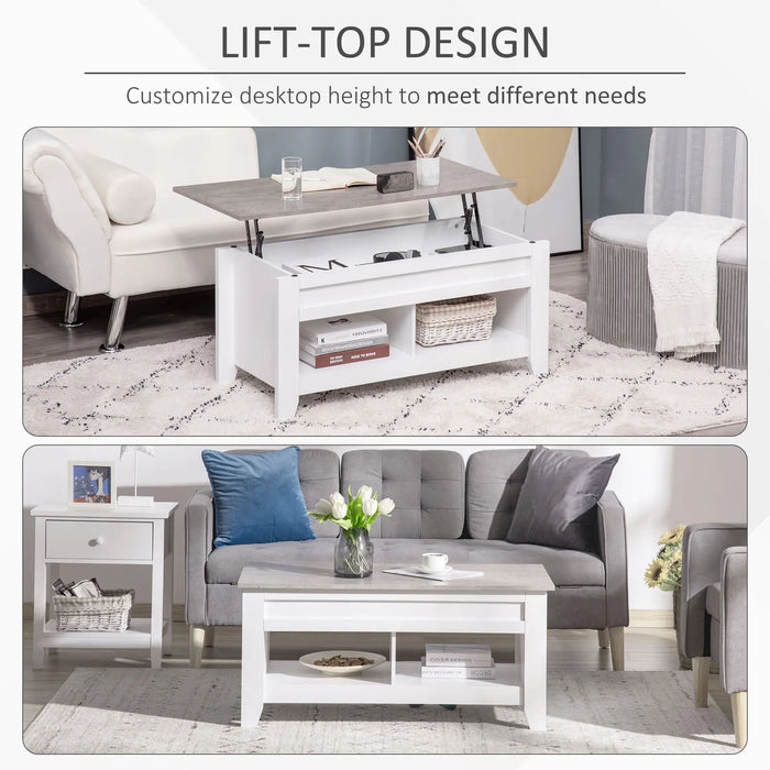 Aosom Homcom Lift Top Coffee Table with Hidden Storage Compartment and Open Shelves, Lift Tabletop Pop-Up Centre Table For Living Room,  Effec in White