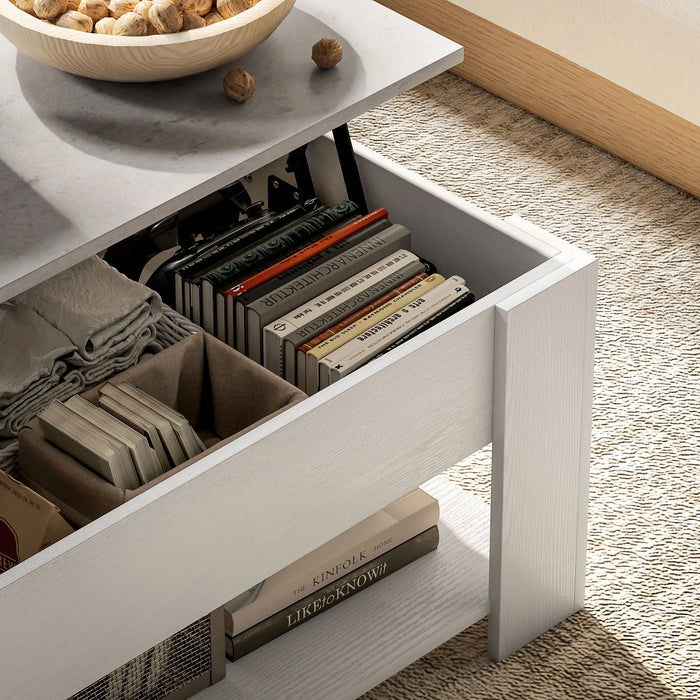 Aosom Homcom Lift Top Coffee Table with Hidden Storage Compartment and Open Shelf, Centre Table For Living Room in White