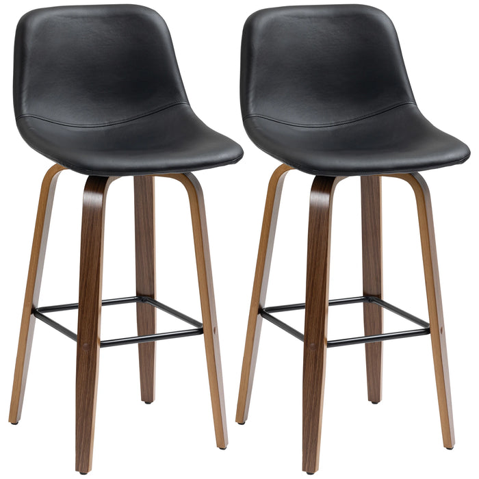 Aosom Homcom Bar Height Bar Stools Set of 2, Mid-Back Bar Chairs with Pu Leather Upholstery and Solid Wood Legs For Kitchen in Black