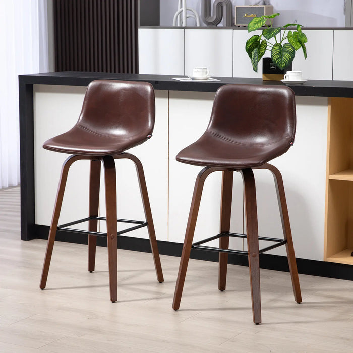 Aosom Homcom Bar Height Bar Stools Set of 2, Mid-Back Bar Chairs with Pu Leather Upholstery and Solid Wood Legs For Kitche in Brown