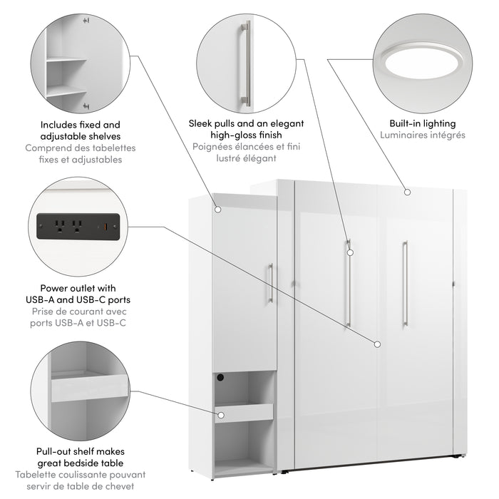 Modubox Avalon High Gloss Queen Murphy Bed and Storage Cabinet with Pull-Out Shelf (87W) in High Gloss White