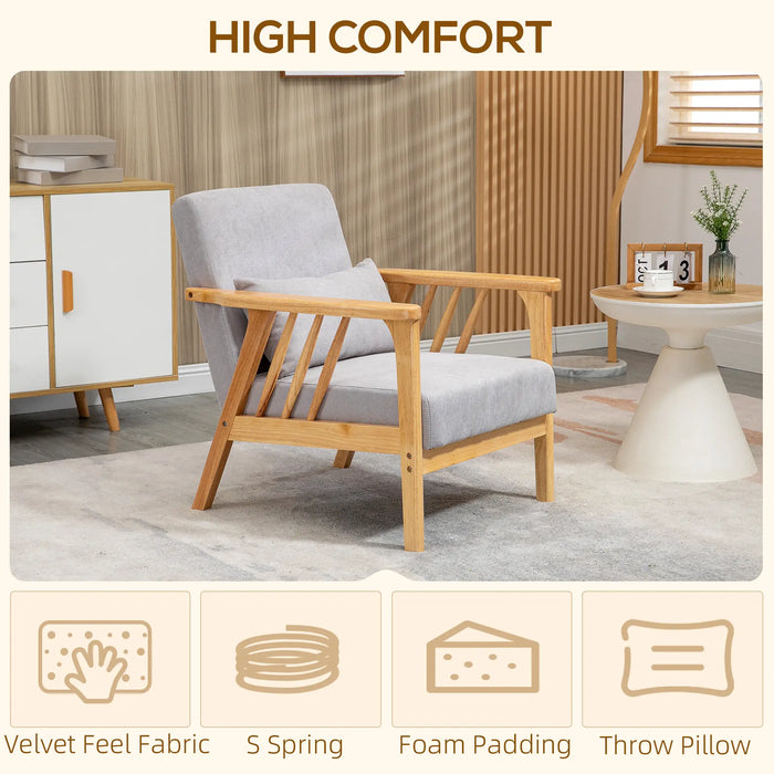 Aosom Homcom Armchair Upholstered Lounge Chair with Rubber Wood Frame Throw Pillows and Comfortable Cushion, White in Grey